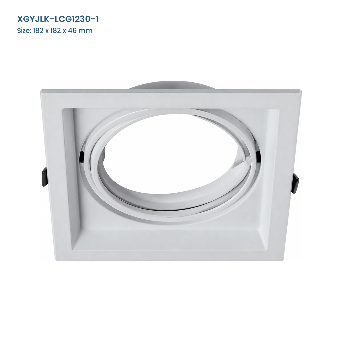 XGYJLK-LCG1230-1 1-aperture GU10 recessed fixture frame, catalog dimensions 182 x 182 x 46 mm