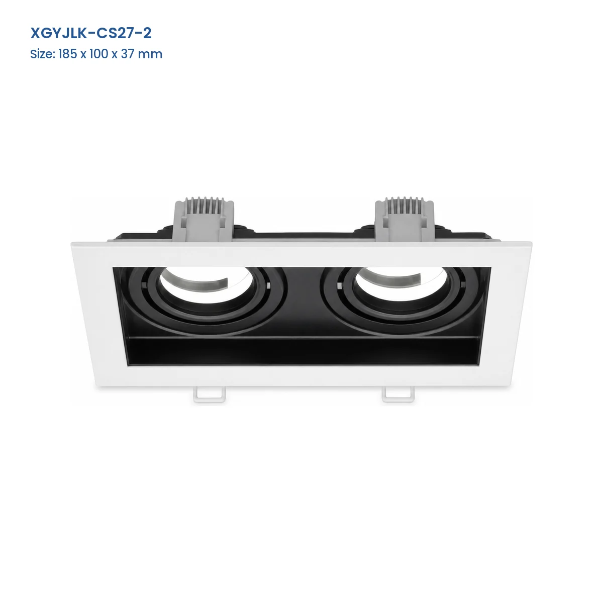 XGYJLK-CS27-2 2-aperture GU10 recessed fixture frame, catalog dimensions 185 x 100 x 37 mm
