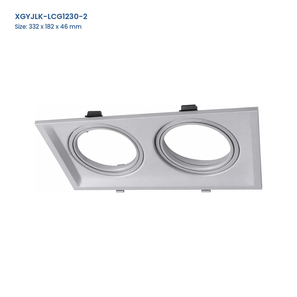 XGYJLK-LCG1230-2 2-aperture GU10 recessed fixture frame, catalog dimensions 332 x 182 x 46 mm