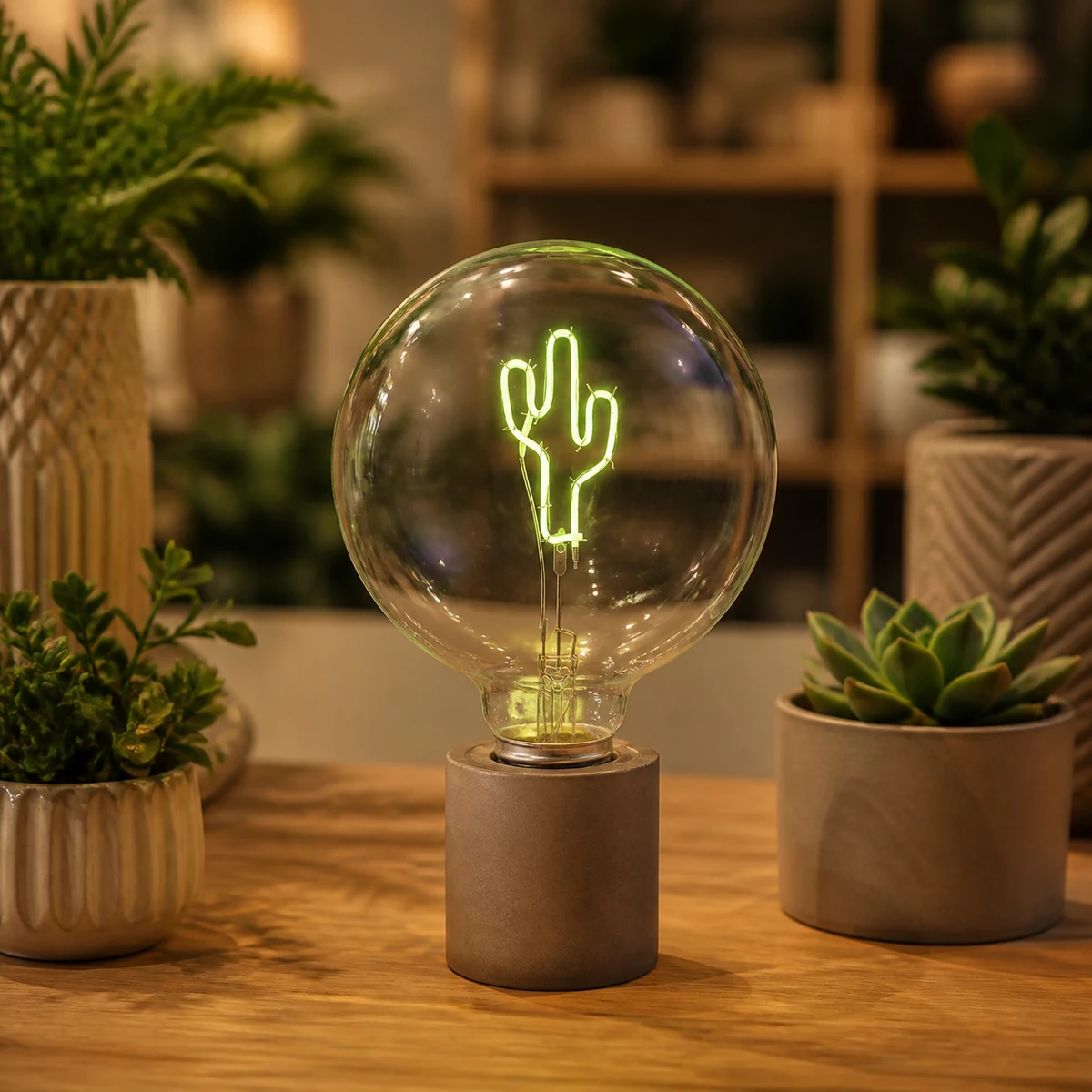 G125 cactus graphic filament bulb in a compatible indoor tabletop holder
