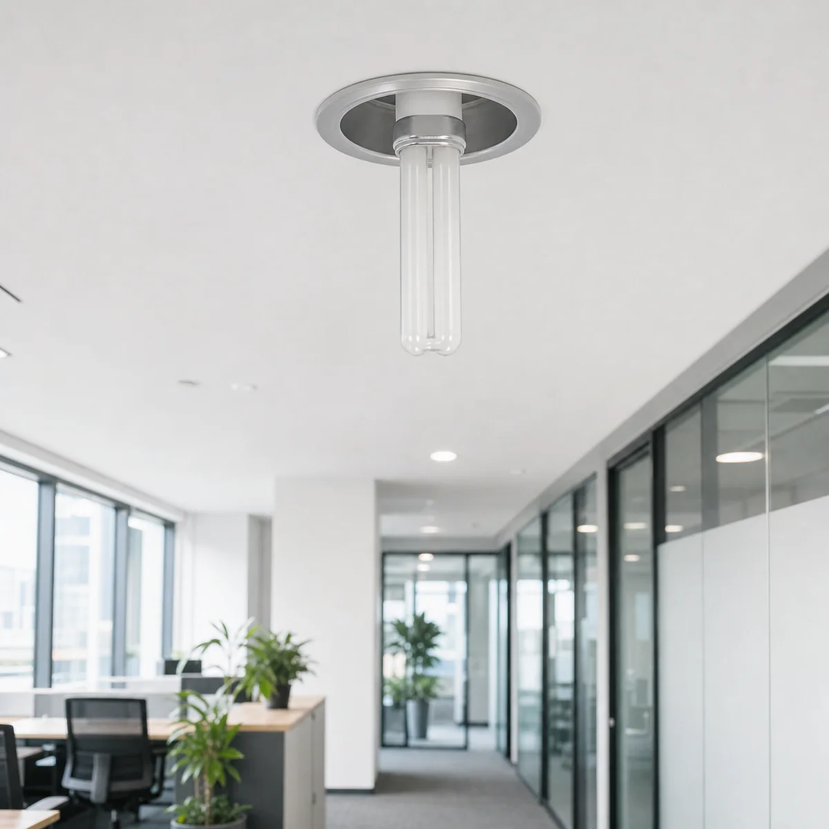 Short PL-S plug-in fluorescent lamp fully seated in a compatible office ceiling downlight