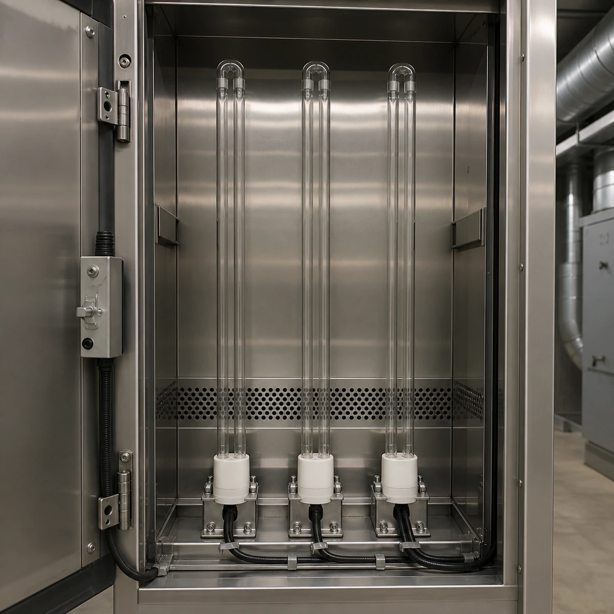 Clear PL-L 2G11 UV-C lamps installed vertically inside enclosed air-treatment equipment