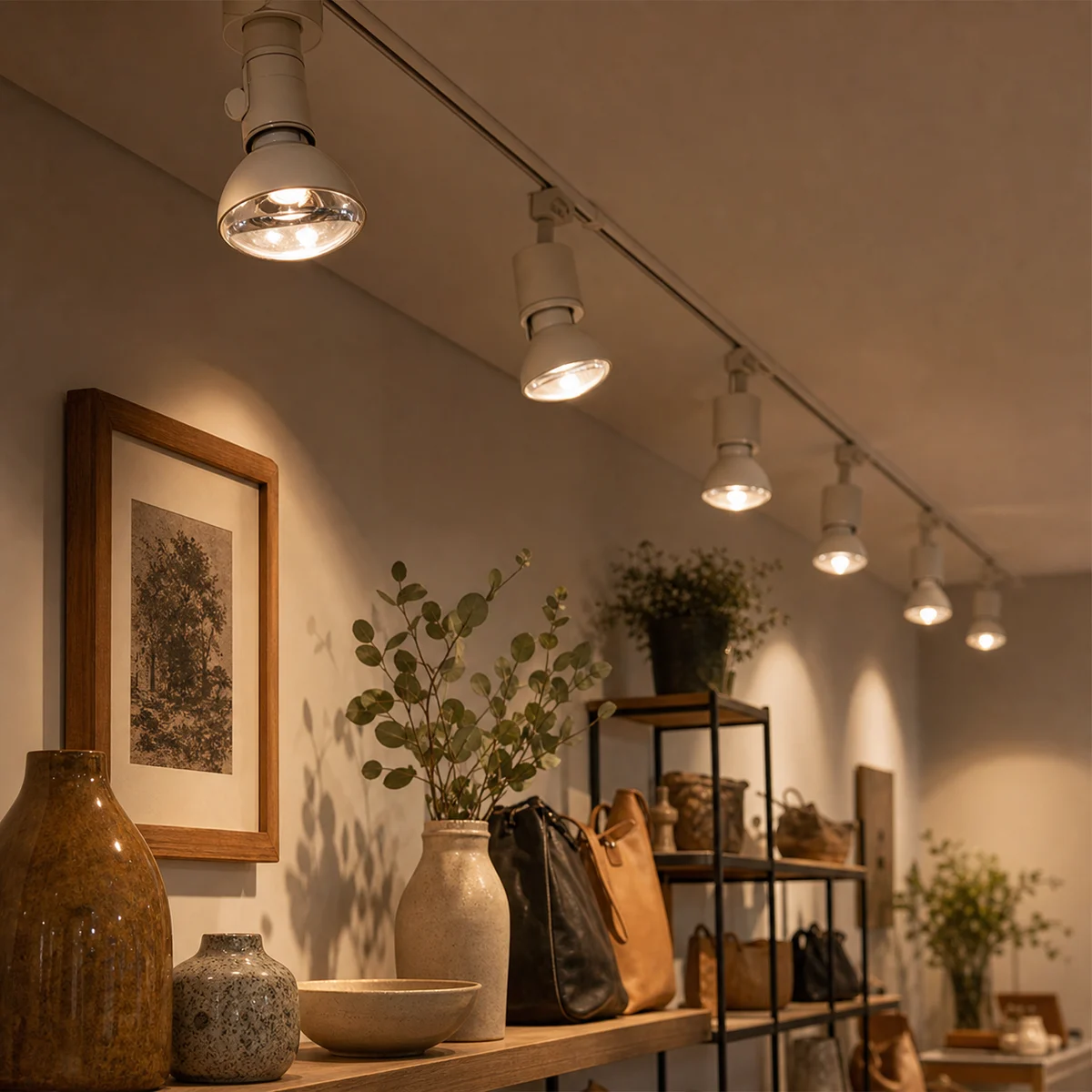 Incandescent reflector bulbs installed in compatible indoor retail track heads