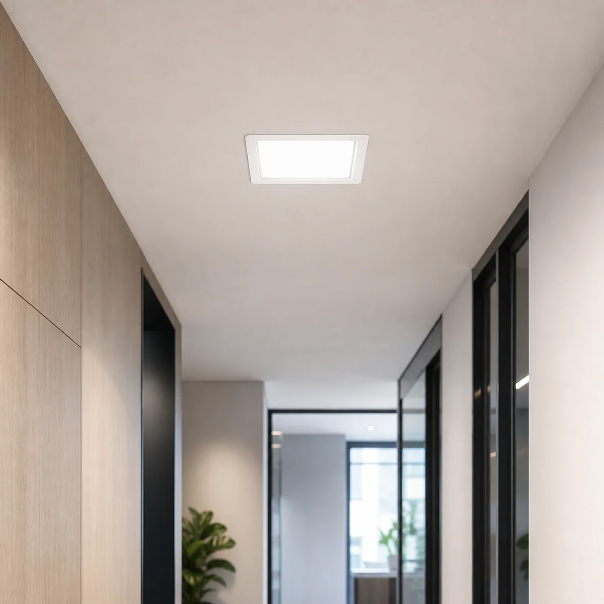 Square recessed backlit LED small panel installed flush in a dry office corridor ceiling
