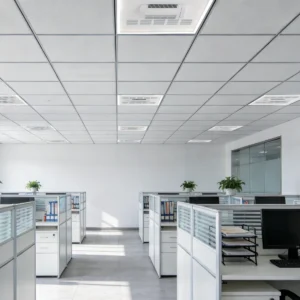 Rectangular bladeless ceiling fan light installed in an office
