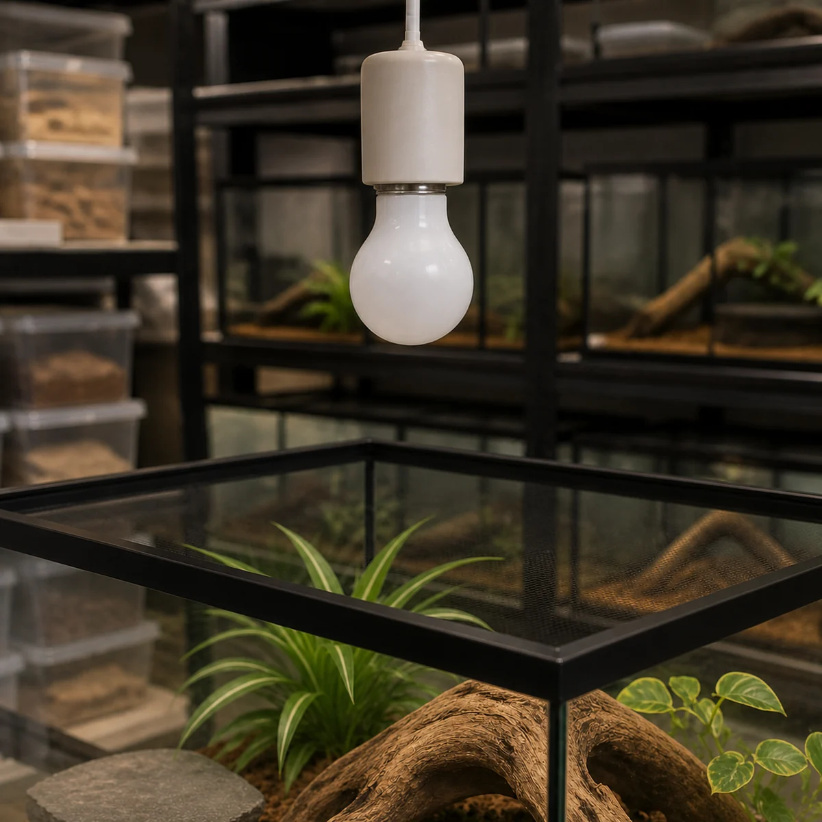 Unlit frosted A19 incandescent lamp installed base-up above an indoor reptile enclosure