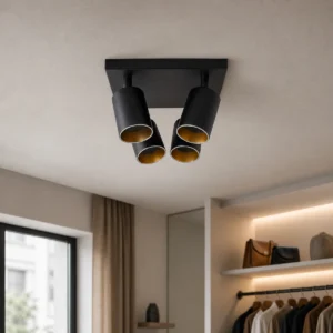CK004 four-head surface-mounted spotlight housing installed on a dry indoor showroom ceiling