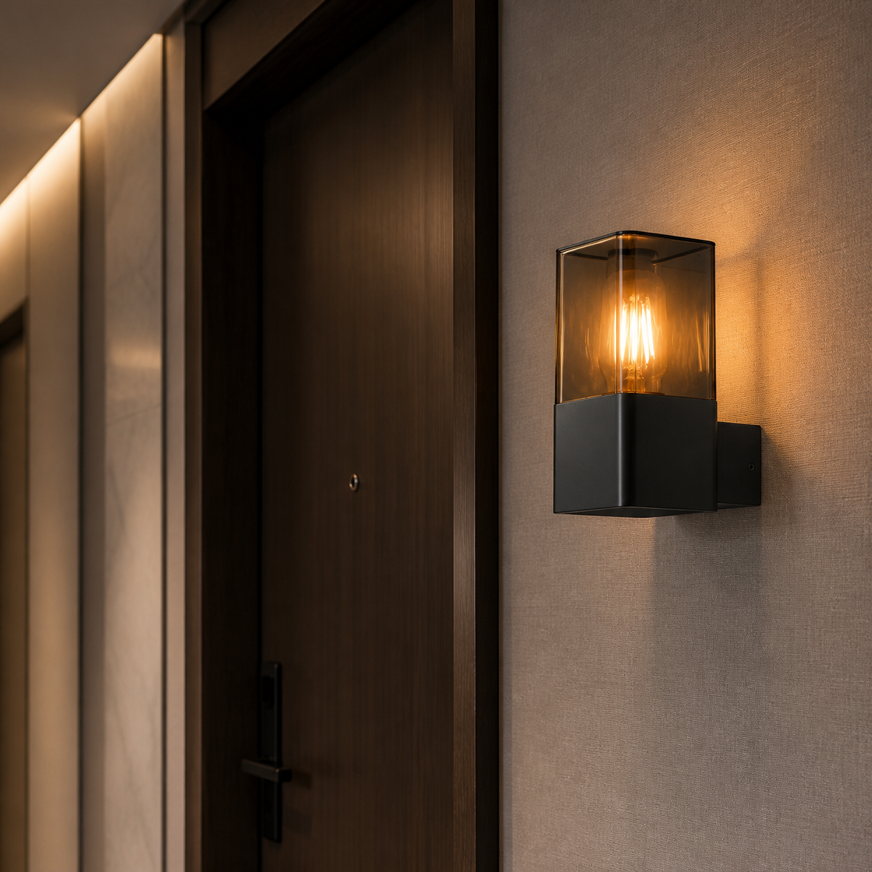 XGYWL-6152 square E27 wall light installed beside an interior entry