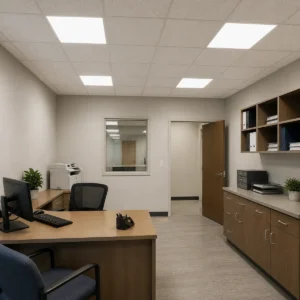 North American side-emission LED panels installed in an office ceiling