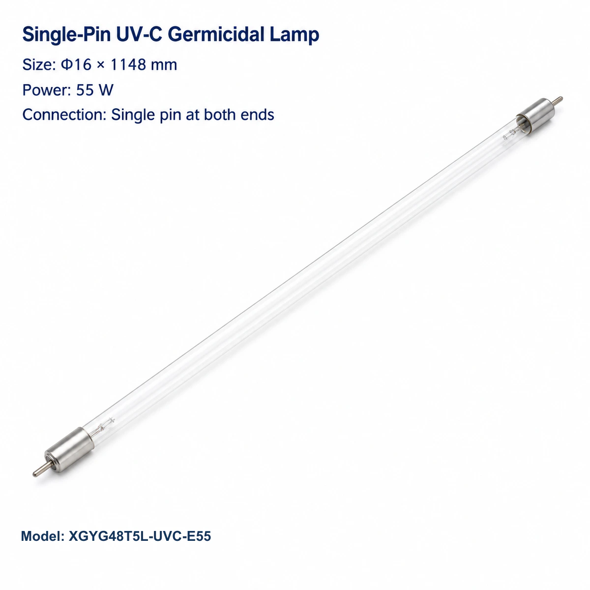 Straight single-pin UV-C lamp Φ16 × 1148 mm, 55 W