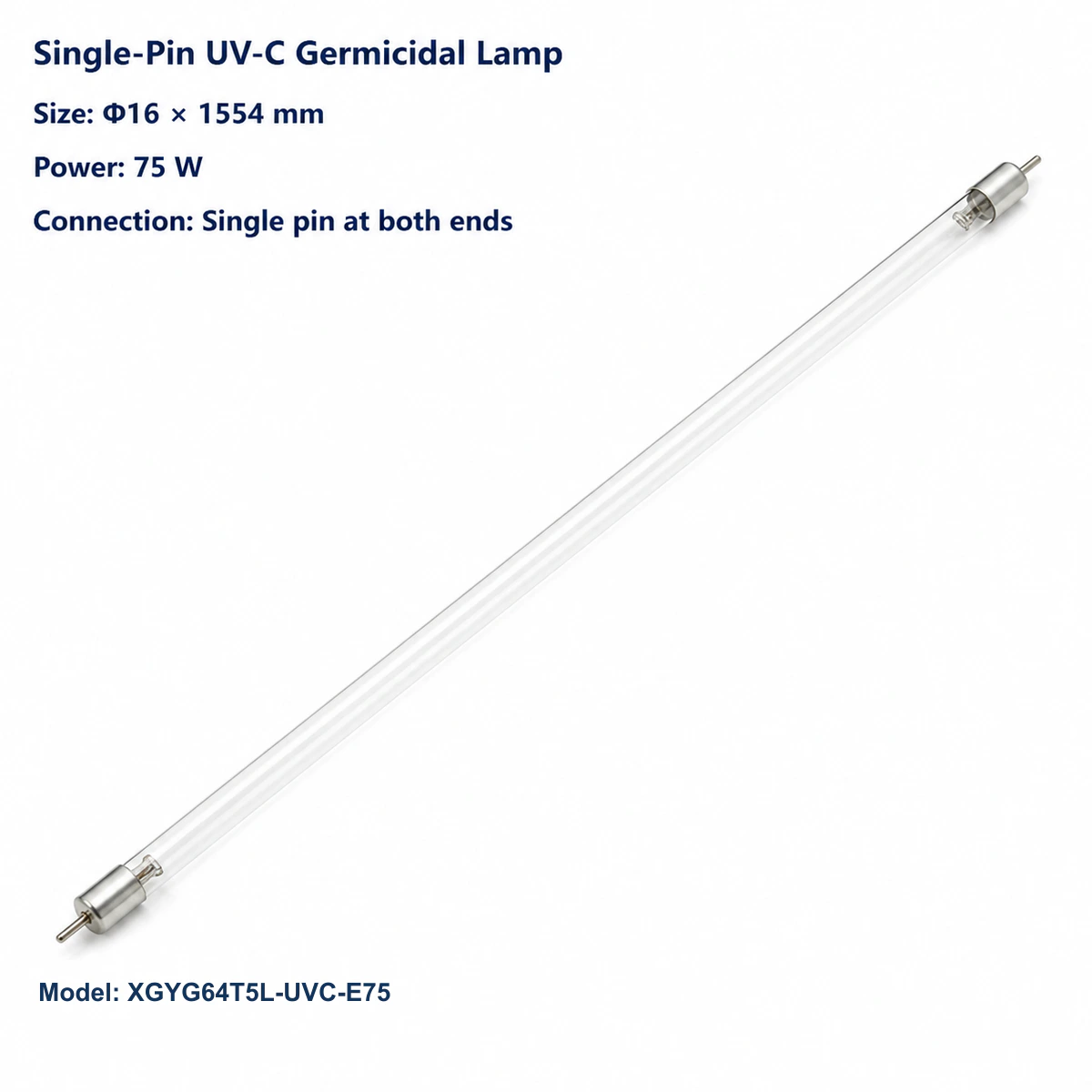 Straight single-pin UV-C lamp Φ16 × 1554 mm, 75 W