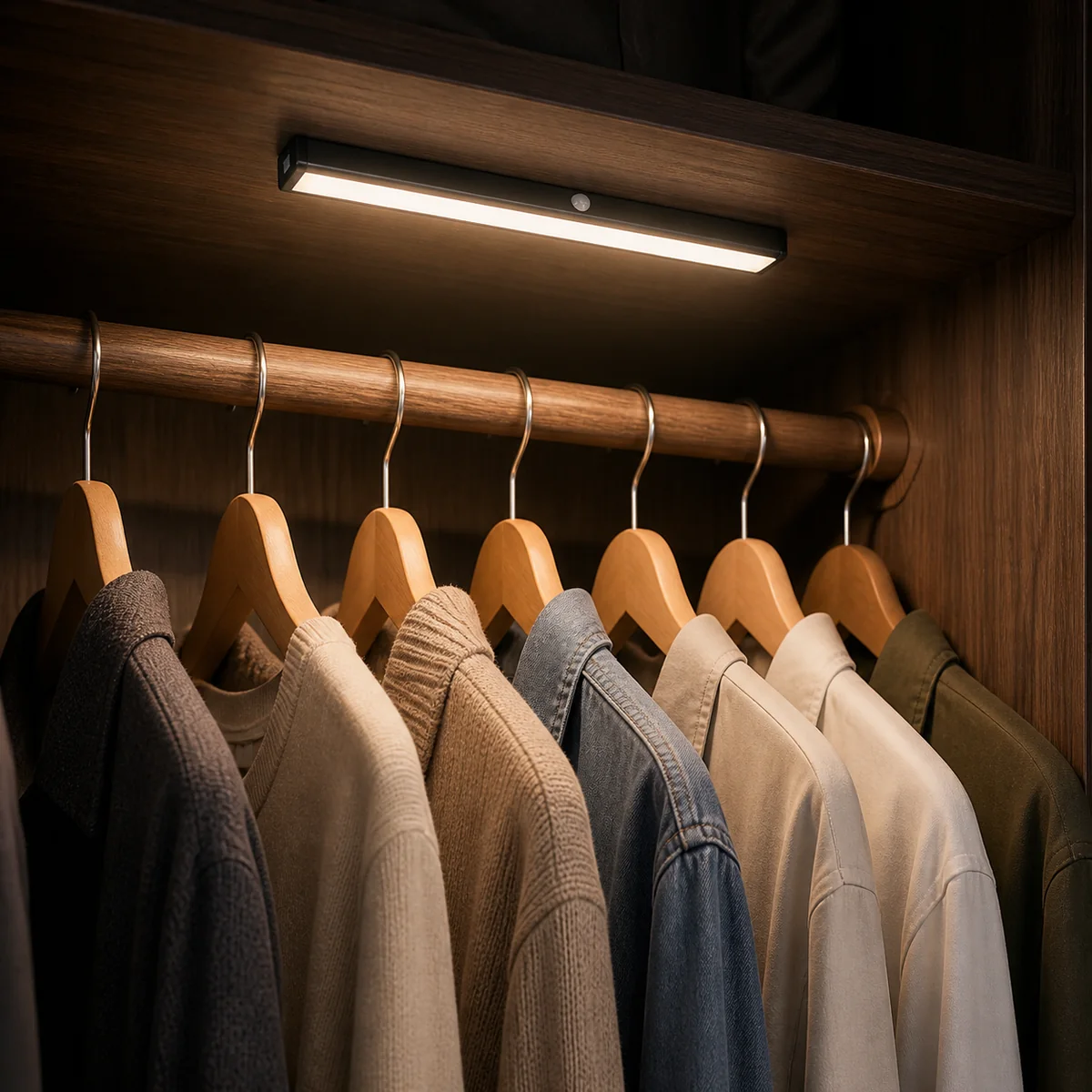 Black rechargeable sensor cabinet light installed beneath a wardrobe shelf