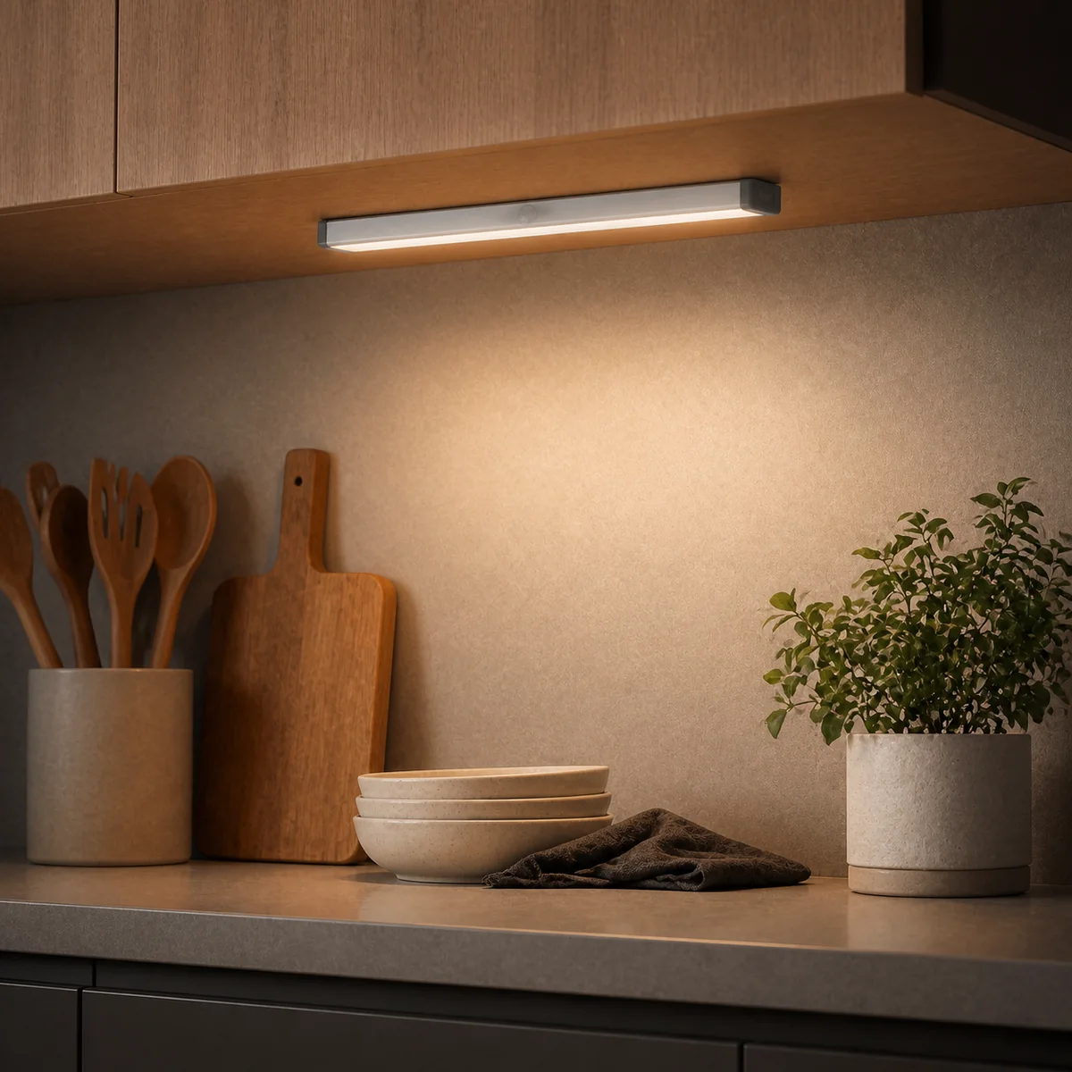 slim white rechargeable sensor light beneath a kitchen cabinet