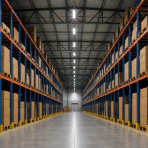 SMD integrated LED tri-proof fixtures surface-mounted along a warehouse aisle