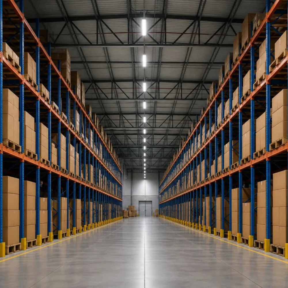 SMD integrated LED tri-proof fixtures surface-mounted along a warehouse aisle