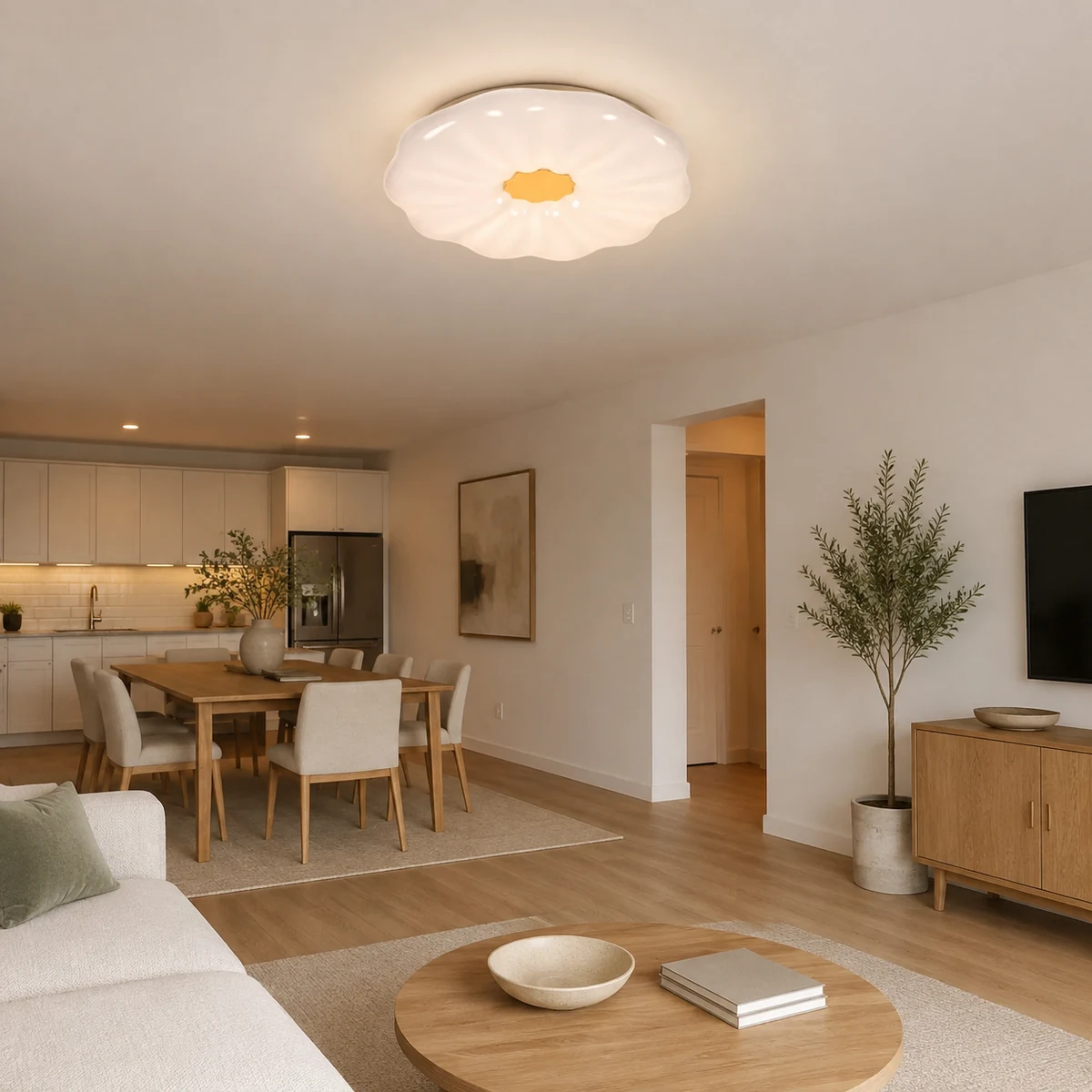 Special-shape flower-profile LED ceiling lamp installed in a modern living and dining room