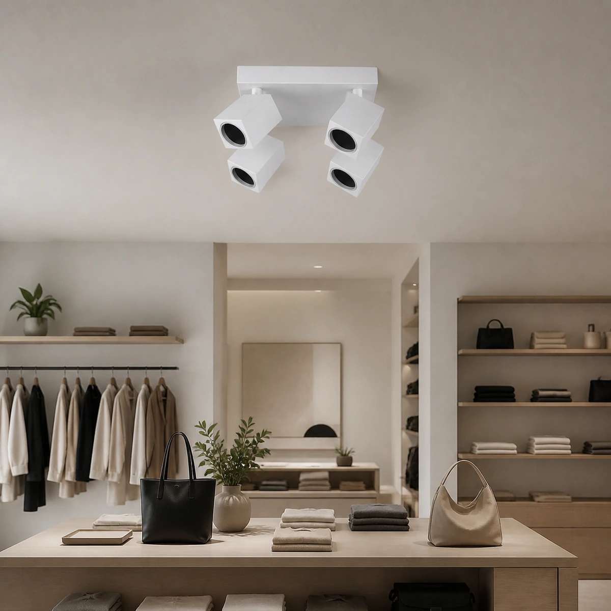 square-base multi-head gu10/mr16 spotlight housings installed in a dry indoor display area