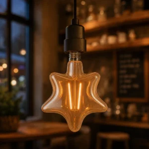 Star-shaped clear glass filament bulb installed in a compatible indoor pendant