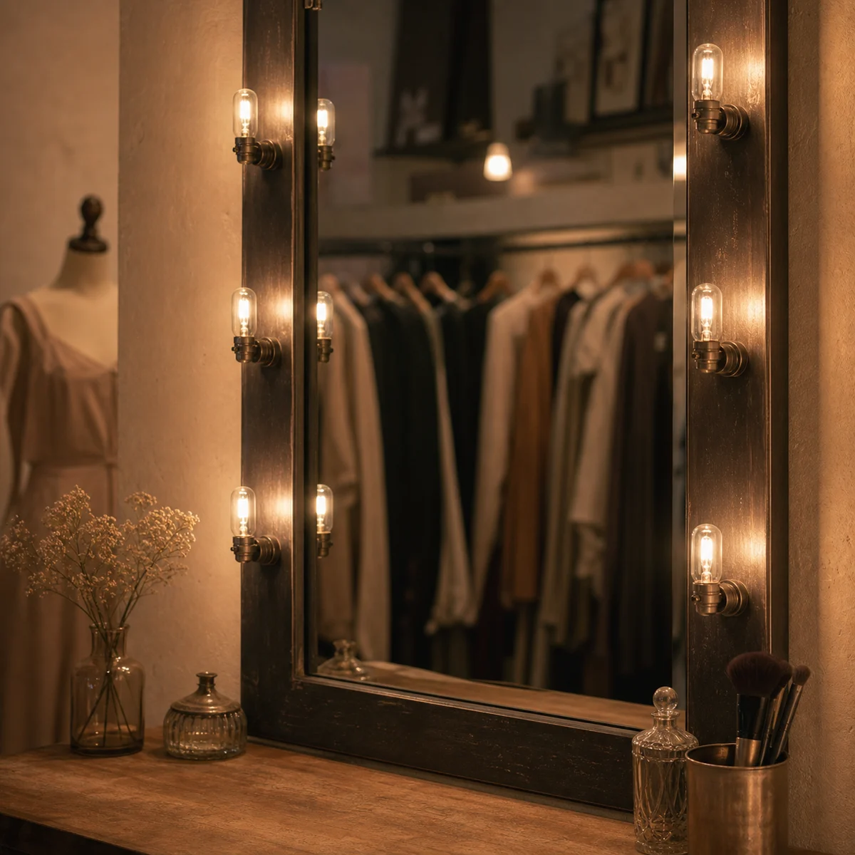Compact clear tubular incandescent bulbs in compatible indoor vanity mirror holders