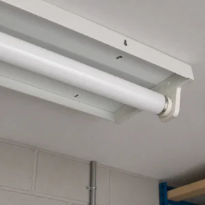 T10 fluorescent tube installed in a compatible open G13 utility-room batten