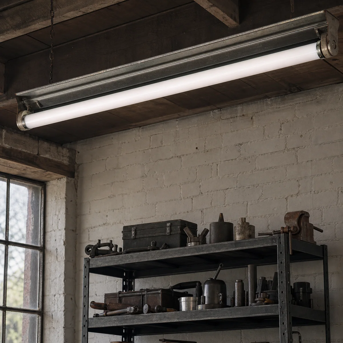 T12 fluorescent tube installed in a compatible open G13 industrial workshop fixture