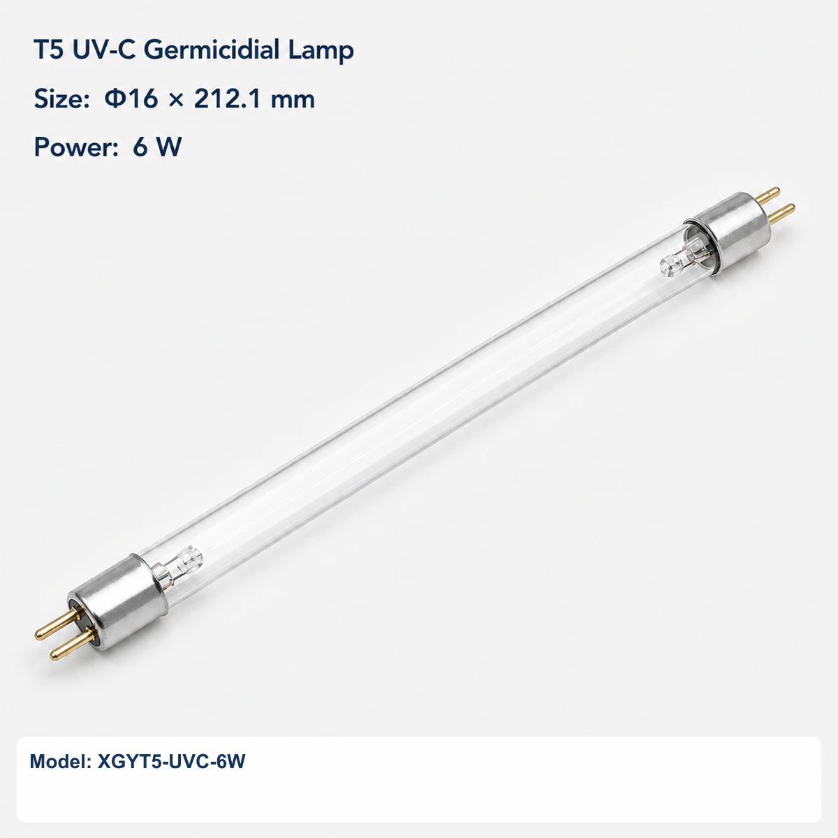 Clear T5 UV-C germicidal lamp Φ16 × 212.1 mm, G5 bi-pin, rated power 6 W