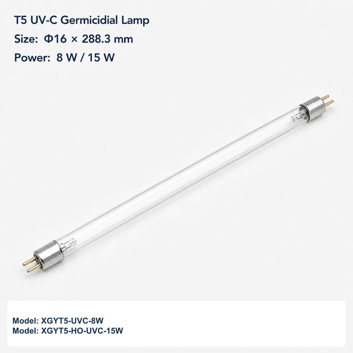 Clear T5 UV-C germicidal lamp Φ16 × 288.3 mm, G5 bi-pin, rated power 8 / 15 W