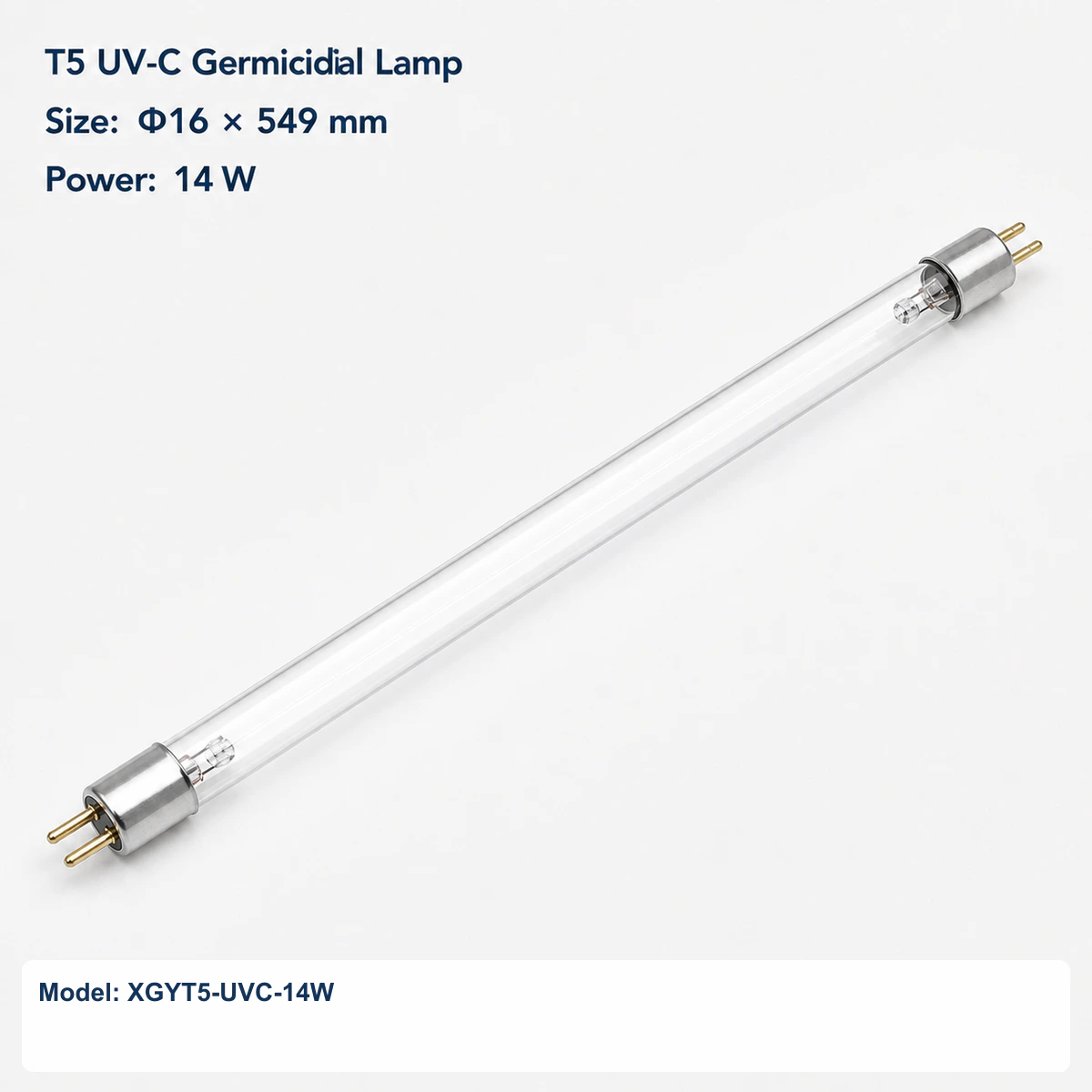 Clear T5 UV-C germicidal lamp Φ16 × 549 mm, G5 bi-pin, rated power 14 W