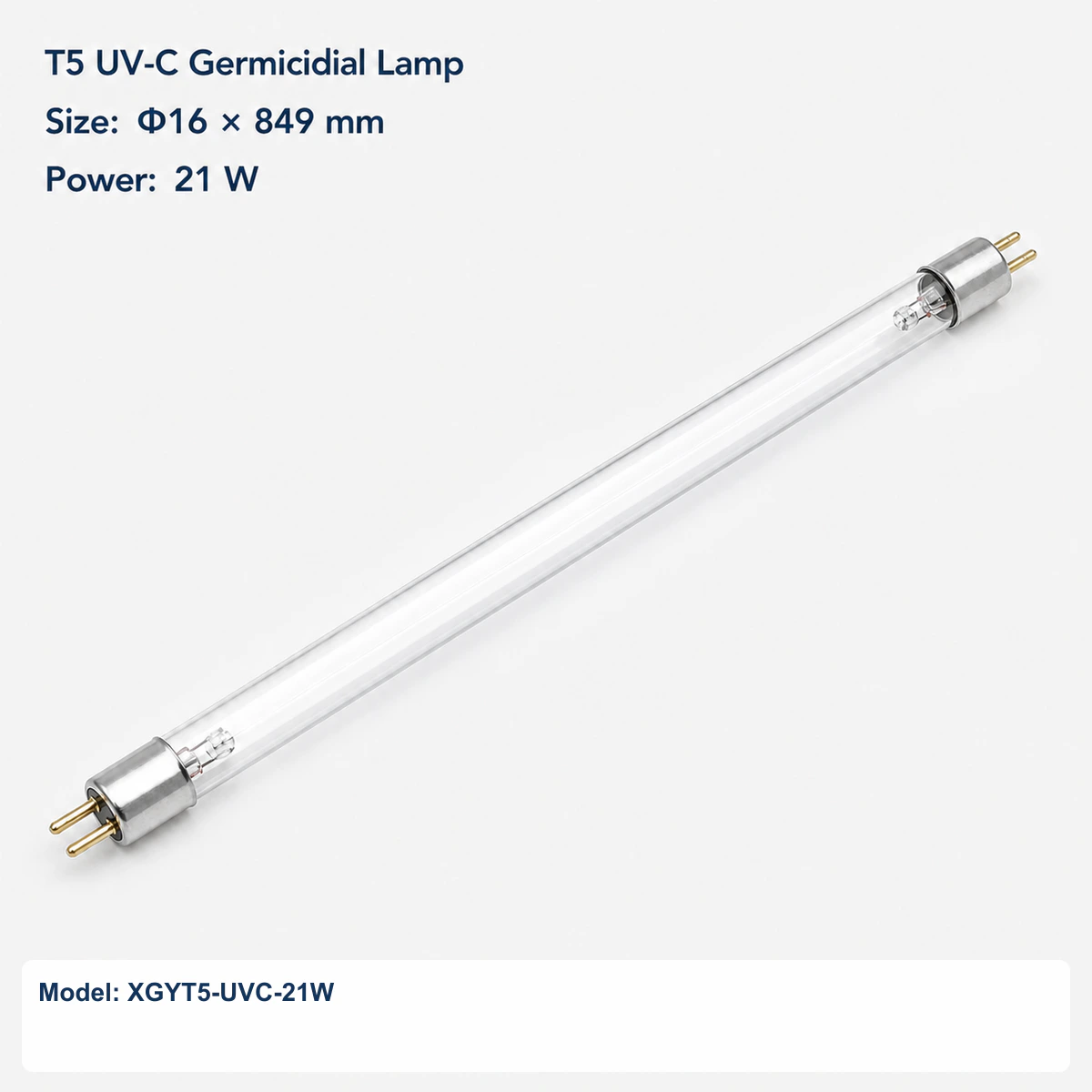 Clear T5 UV-C germicidal lamp Φ16 × 849 mm, G5 bi-pin, rated power 21 W