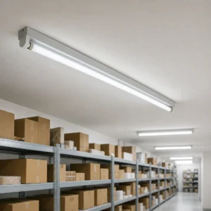 T8 fluorescent tube installed in a compatible open G13 batten in a commercial stockroom