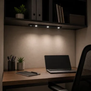 black three-lens rechargeable sensor cabinet light mounted above a home office desk