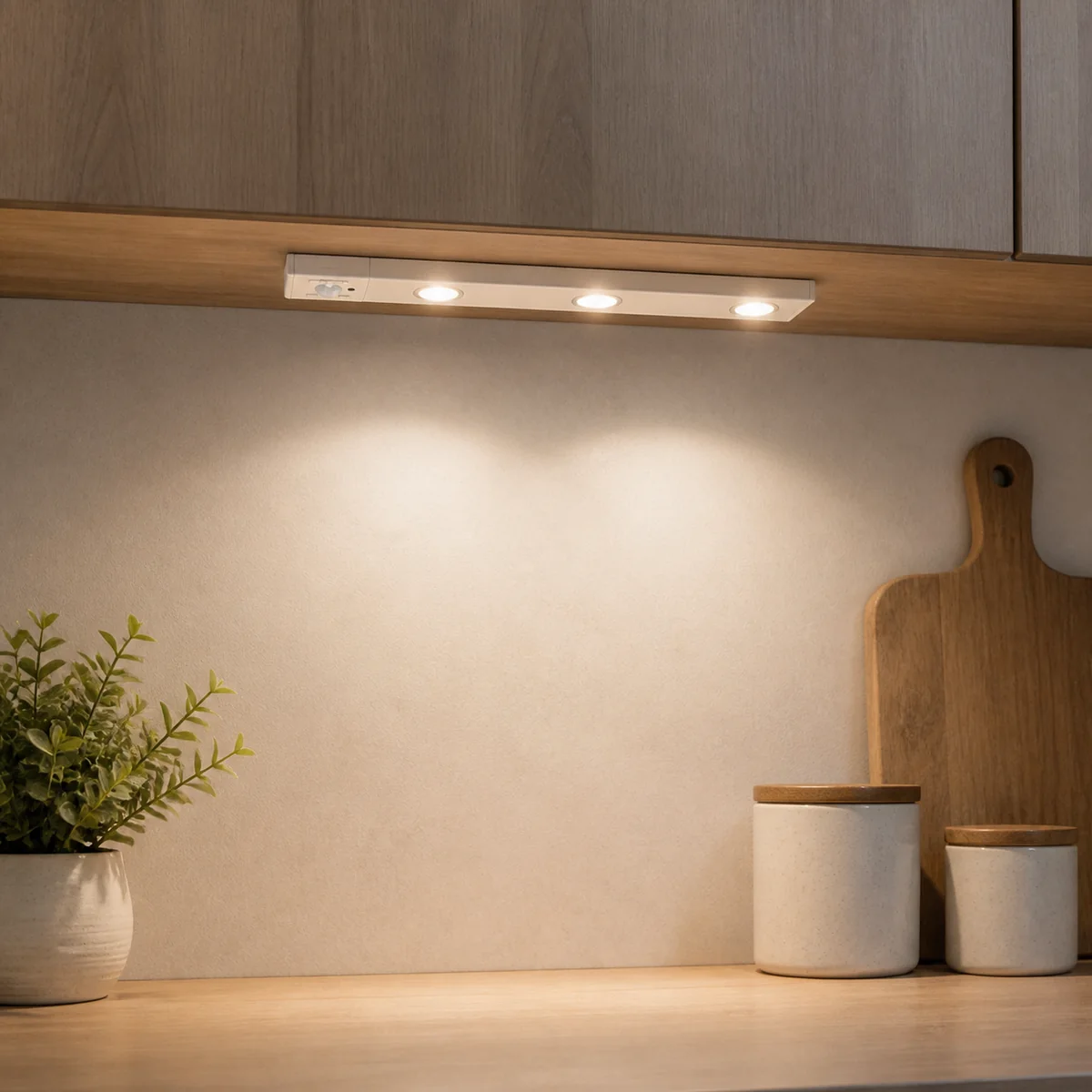 White three-lens rechargeable cabinet light under a kitchen cabinet