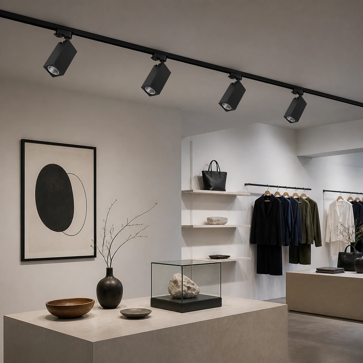track-mounted gu10/mr16 spotlight housings installed in a dry indoor display area