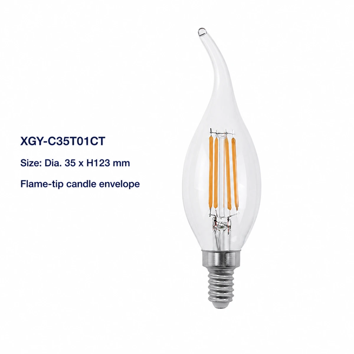 XGY-C35T01CT-E2.2/3.8 clear LED filament bulb, size Ø35 × 123 mm