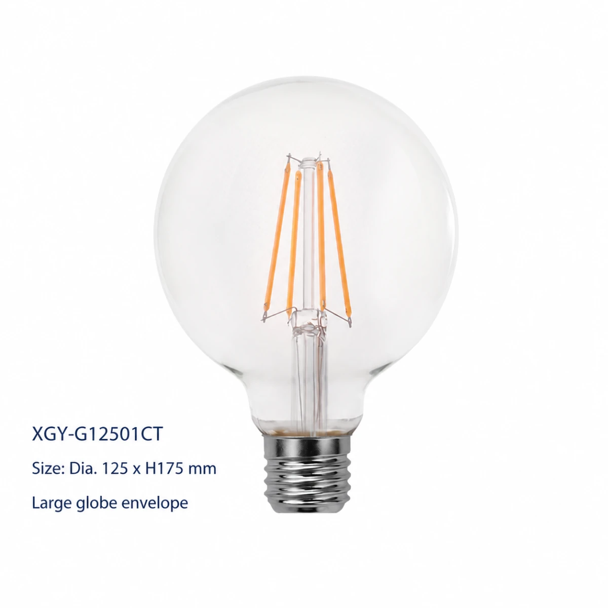 XGY-G12501CT-E3.8/5/7.2 clear LED filament bulb, size Ø125 × 175 mm