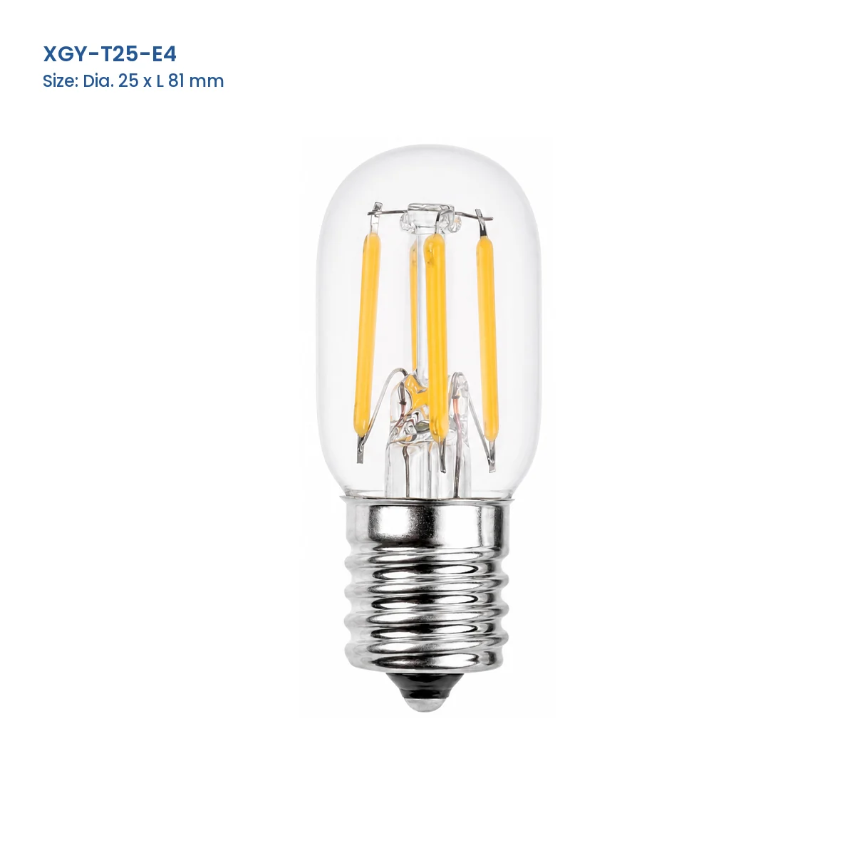 XGY-T25-E4 T25 refrigerator LED filament bulb, 25 mm diameter by 81 mm long, four visible filament strips