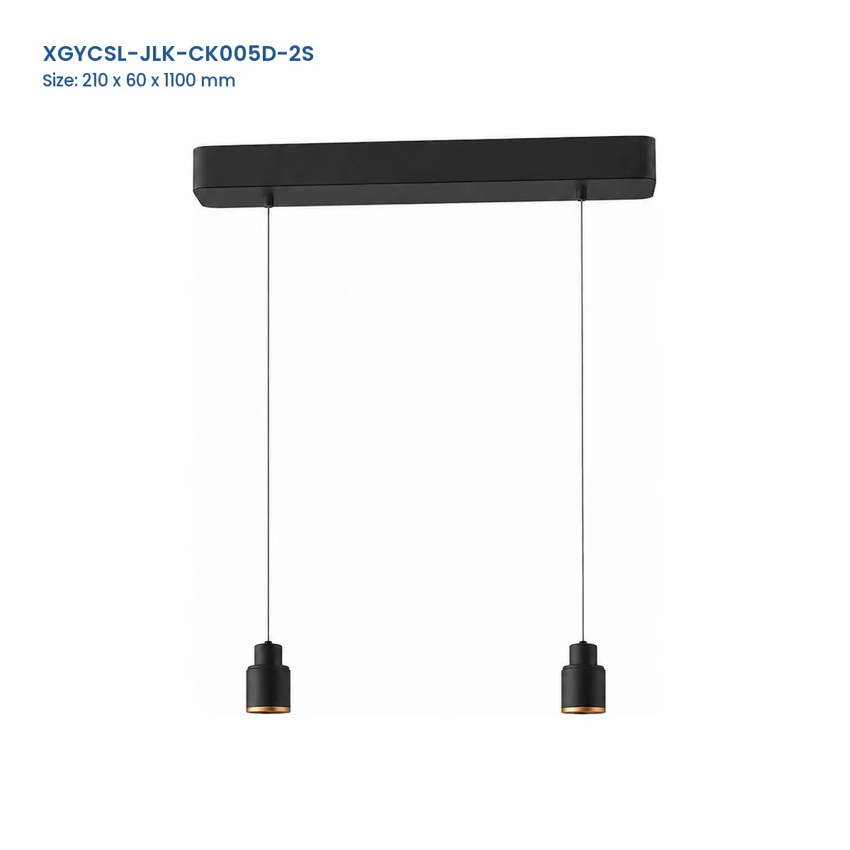 XGYCSL-JLK-CK005D-2S two-head suspended spotlight housing with a black canopy and thin suspension wires, 210 x 60 x 1100 mm