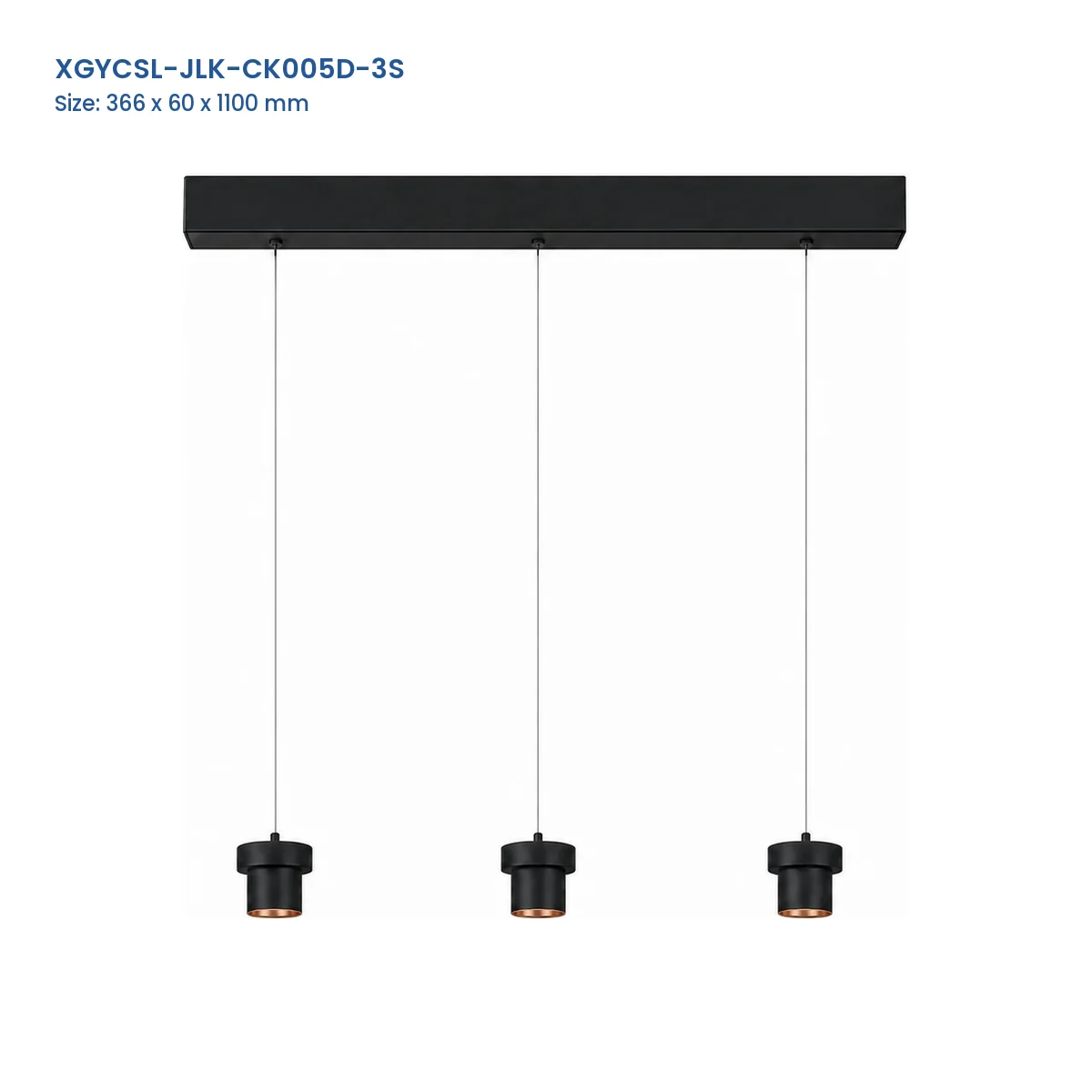 XGYCSL-JLK-CK005D-3S three-head suspended spotlight housing with a black canopy and thin suspension wires, 366 x 60 x 1100 mm