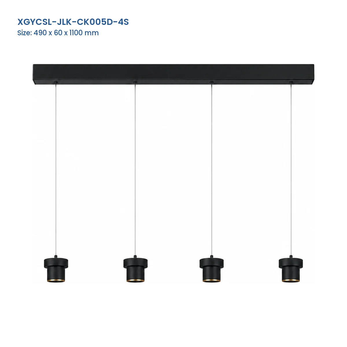 XGYCSL-JLK-CK005D-4S four-head suspended spotlight housing with a black canopy and thin suspension wires, 490 x 60 x 1100 mm