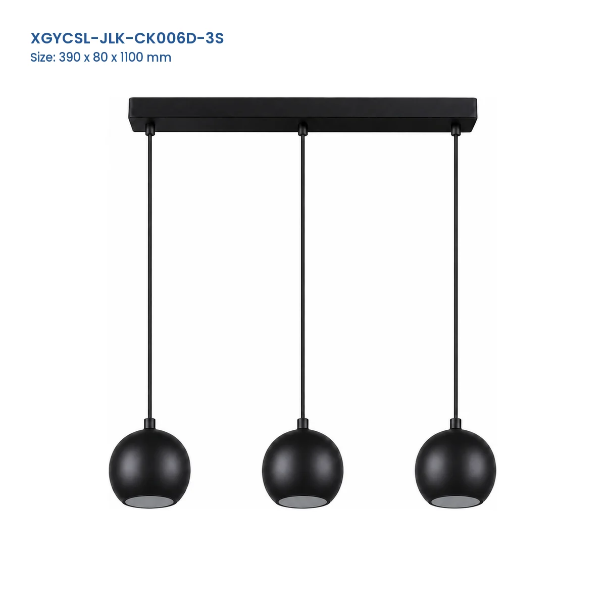 XGYCSL-JLK-CK006D-3S black three-head suspended spotlight housing with Model and Size labels