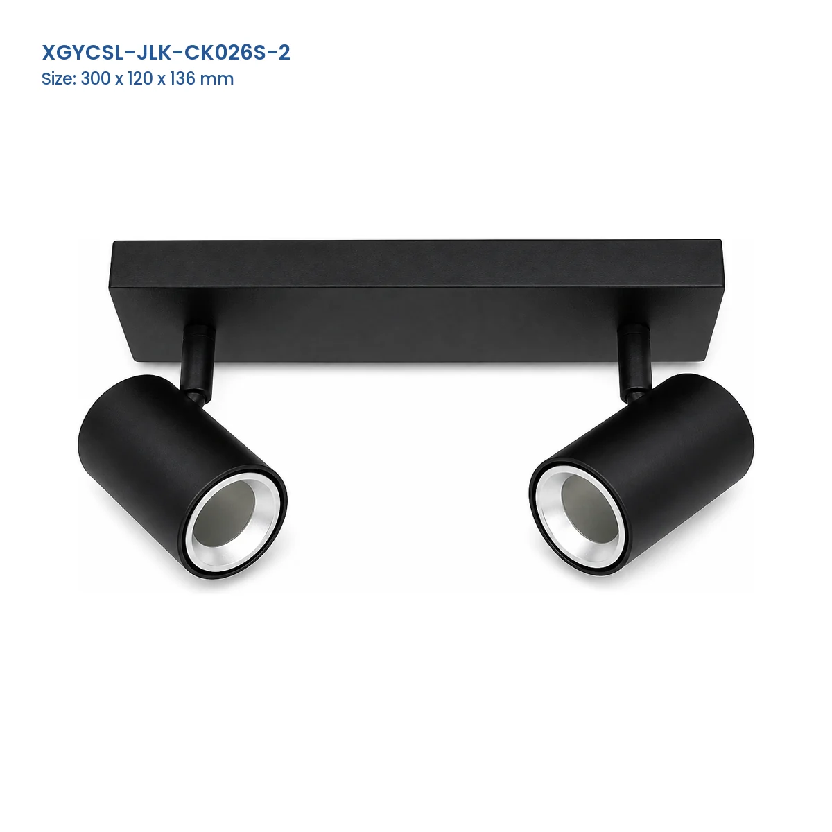 XGYCSL-JLK-CK026S-2 two-head spotlight housing with Model and Size labels