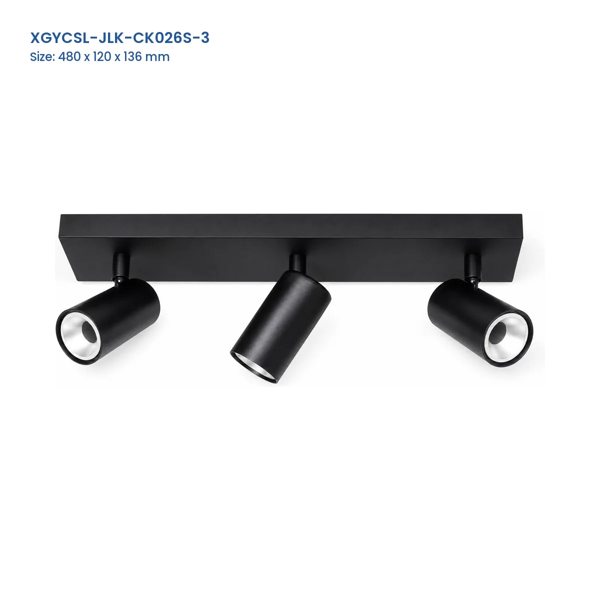 XGYCSL-JLK-CK026S-3 three-head spotlight housing with Model and Size labels