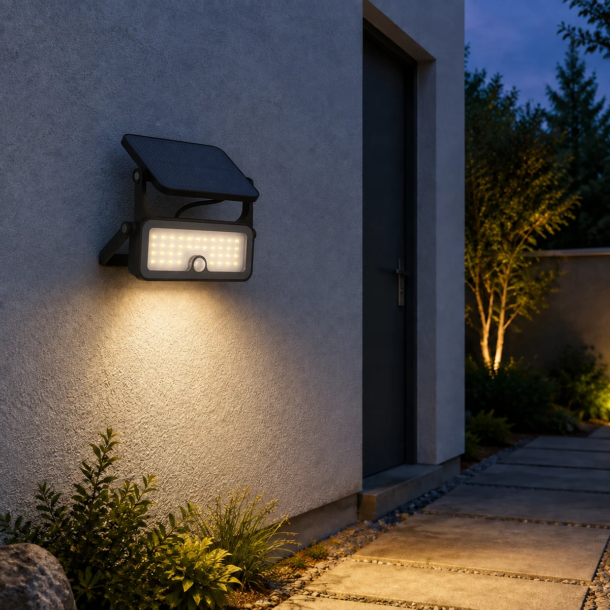 XGYFL-LC-XRSL04 integrated solar flood light installed beside a residential garden path