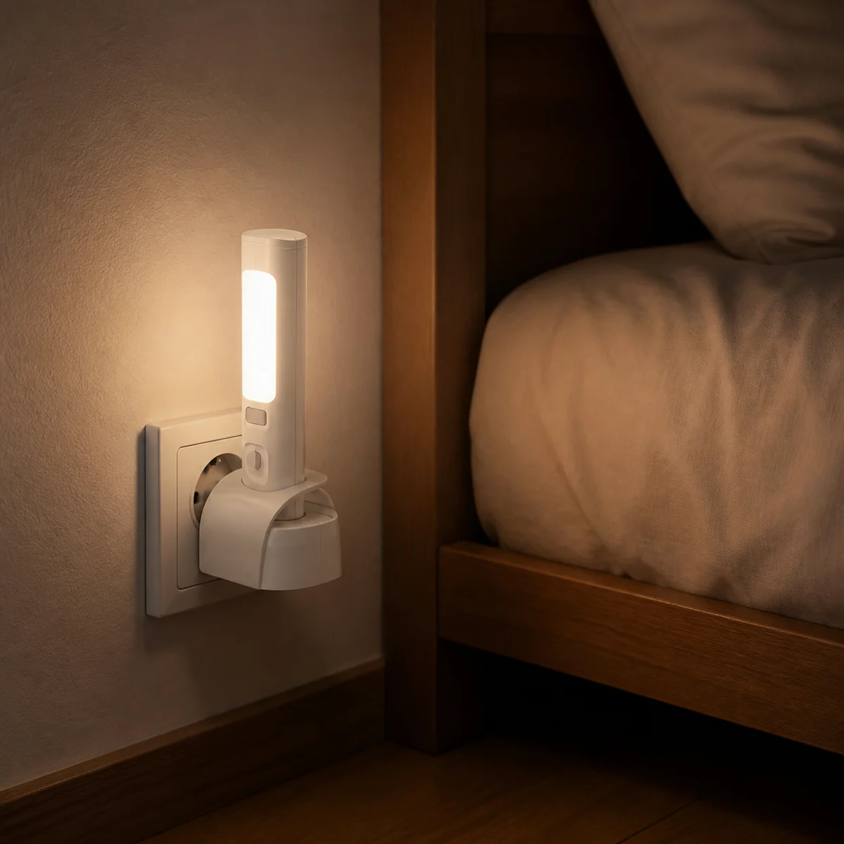 XGYNLAC-WTG002-E4 detachable plug-in torch night light docked beside a bed