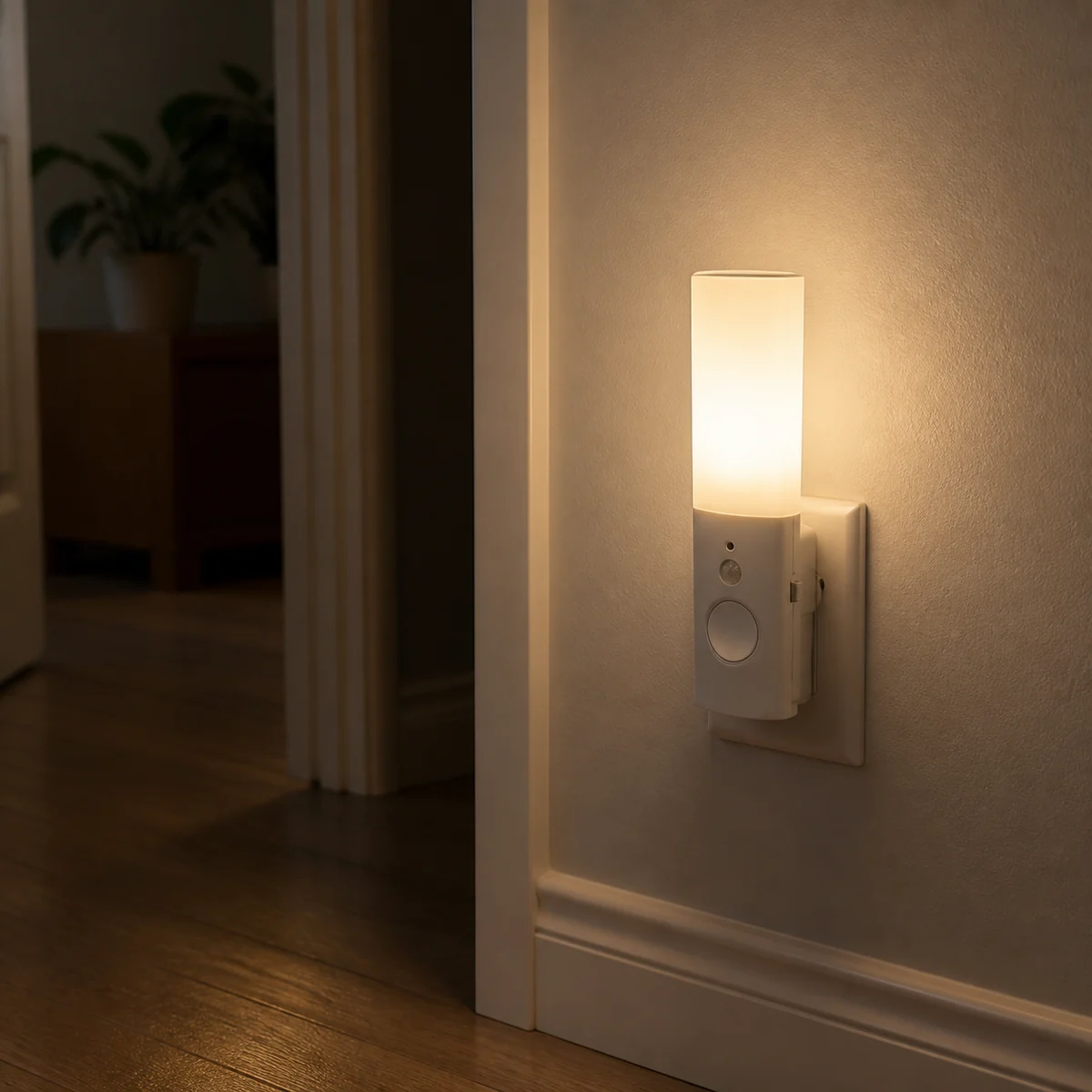 XGYNLAC-WTG092-E4 rechargeable plug-in torch night light installed in an indoor hallway