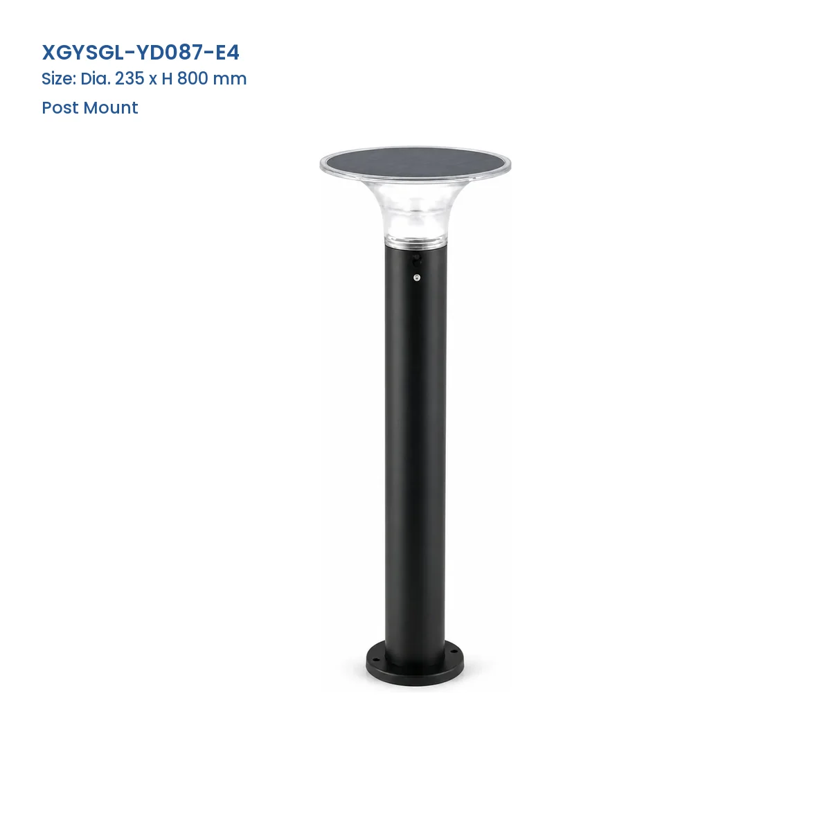 XGYSGL-YD087-E4 post-mount solar garden light, 235 mm diameter and 800 mm high
