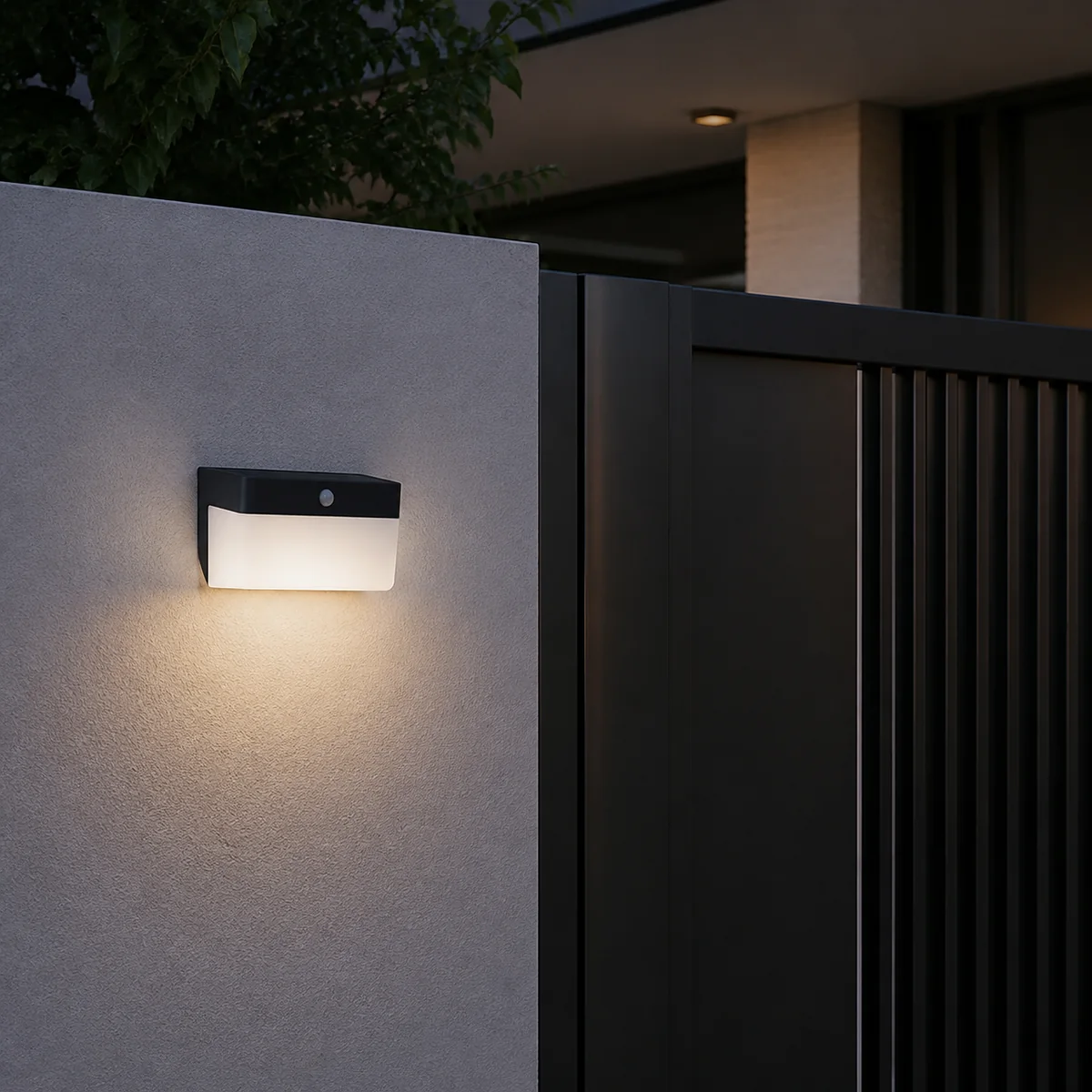 XGYSWL-HC-P9112-E2.4 wraparound-diffuser solar wall light installed on an exterior wall