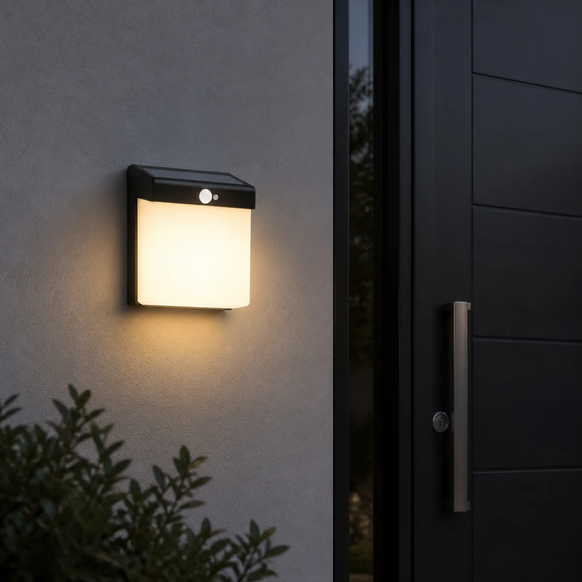 XGYSWL-HC-P9113-E2.4 square solar wall light installed on an exterior wall