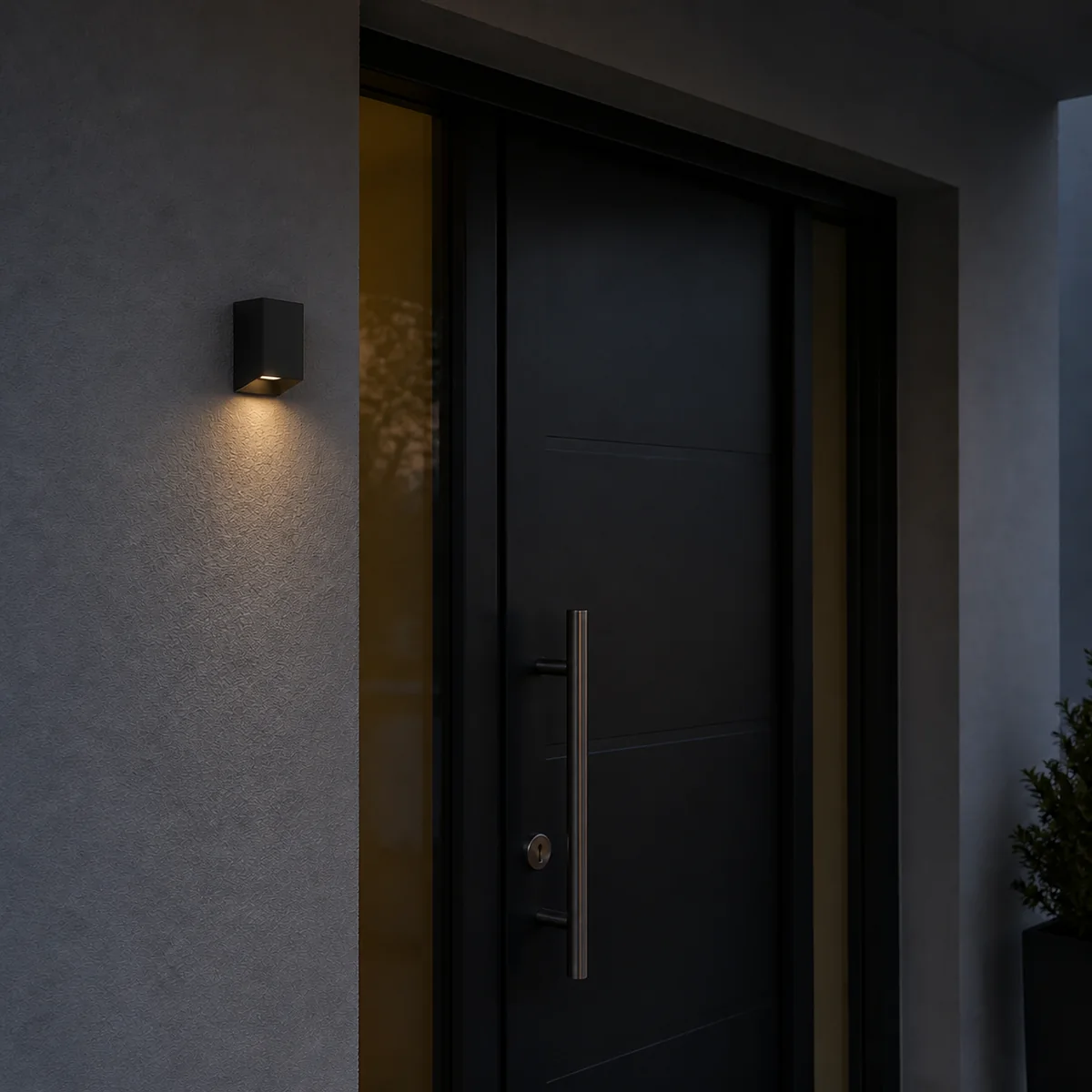 XGYSWL-LTRP-E0.15 low-output solar wall light installed beside an exterior entrance at dusk