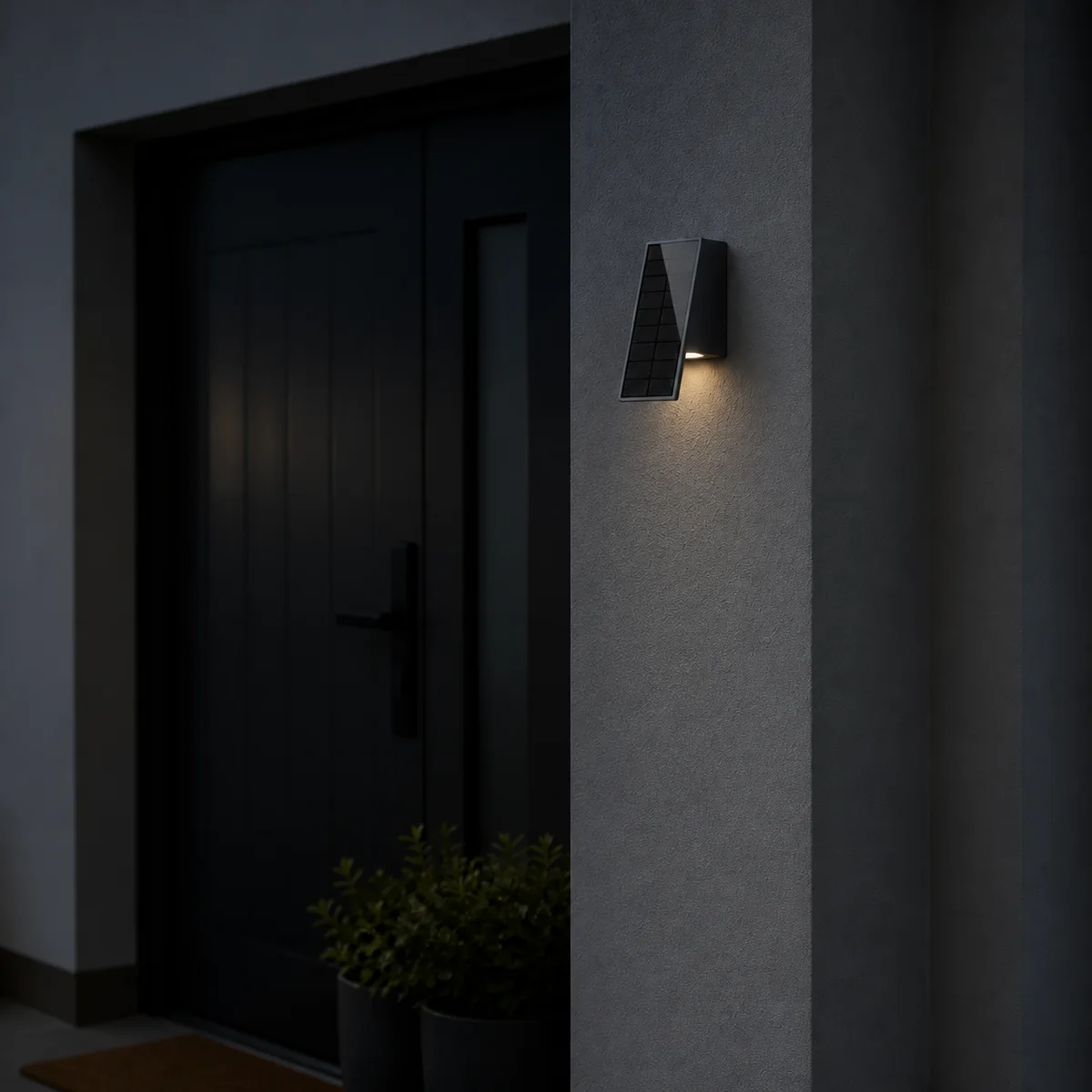 XGYSWL-MYSW-HT01-E0.4 angled solar wall light installed on an exterior wall
